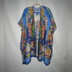JC Sunny Women Colorful Art To Wear Cityscape Lightweight Kimono One Size NWT